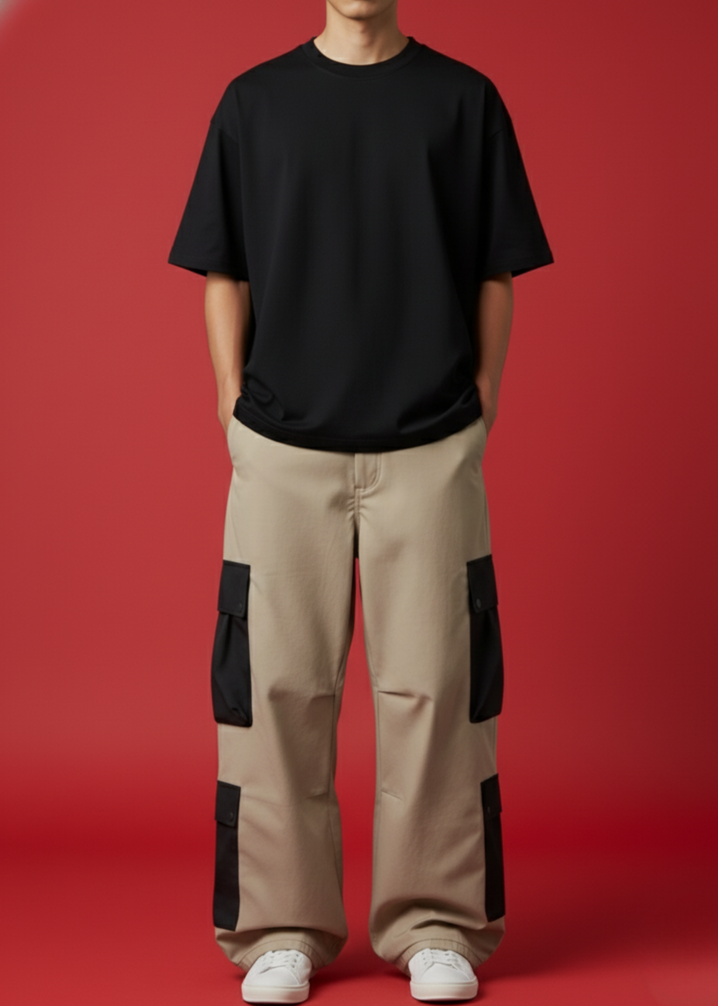 Baggy Beige Cargo with Black Dropshouder Tee
