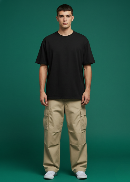 Dophoulder Tee with Beige Baggy Cargo