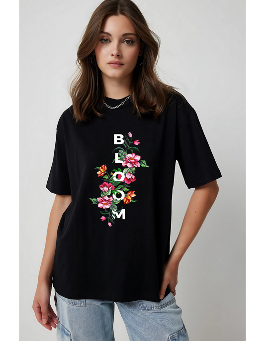 Bloom - Floral Minimalist Tee in Black